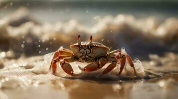 A crab crawls on a sandy beach under the bright sun. The waves of the sea can be seen in the background . Generative AI photo