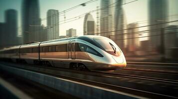 High-speed train ride with blurred cityscape in the background. created with Generative AI photo