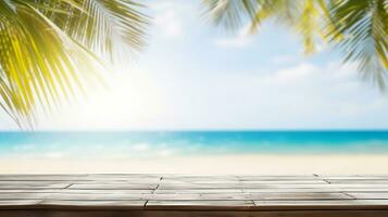 tropical playa madera mesa parte superior con mar bohordo y palma hojas. creado con generativo ai foto