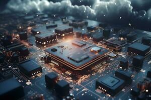 Generative AI. 3D Render of Neon Microchip Circuit Board with Floating Cloud photo