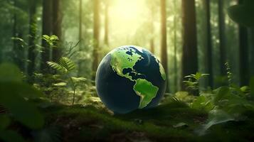 Nature Conservation and Global Sustainability The Green Globe in the Forest. Generative AI photo
