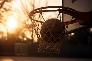 Sunset Basketball Close-Up of a Basketball Hoop in Warm Evening Light. created with Generative AI photo