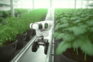 Smart Robotic Farmers Revolutionizing Agriculture. created with Generative AI photo