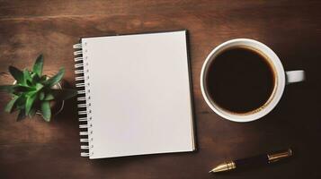 Open Notebook with Blank Pages Next to Cup of Coffee. created with Generative AI photo