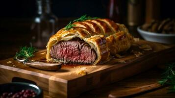Indulge in the classic British dish with this Beef Wellington on a wooden tray, its savory aroma and appetizing appearance sure to impress. Generative AI photo