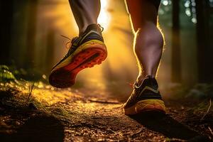 Mañana sendero correr de cerca de masculino del corredor piernas y Zapatos con resumen bokeh luz creada. generativo ai foto