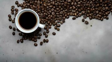 Cup of Coffee with Coffee Beans on Gray Stone Background. created with Generative AI photo