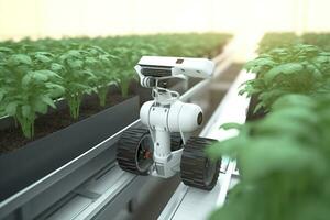 Smart Robotic Farmers Revolutionizing Agriculture. created with Generative AI photo