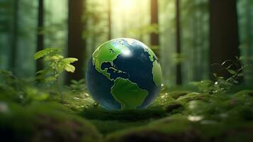 Nature Conservation and Global Sustainability The Green Globe in the Forest. Generative AI photo