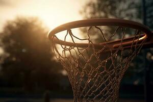 puesta de sol baloncesto de cerca de un baloncesto aro en calentar noche ligero. creado con generativo ai foto