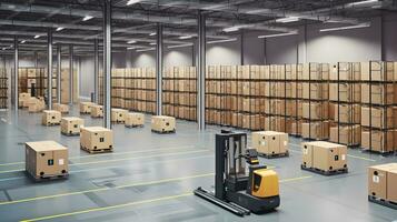 Robot Forklift Sorts Hundreds of Parcels in Warehouse. Generative AI photo