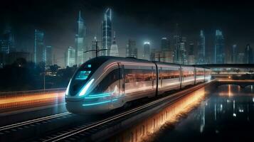 High-speed train racing through a beautiful city at night, blurred cityscape in the background. created with Generative AI photo