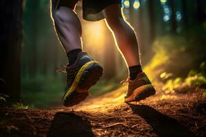 Mañana sendero correr de cerca de masculino del corredor piernas y Zapatos con resumen bokeh luz creada. generativo ai foto