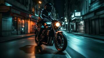 High-speed motorcycle rider racing through a beautiful city at night. created with Generative AI photo