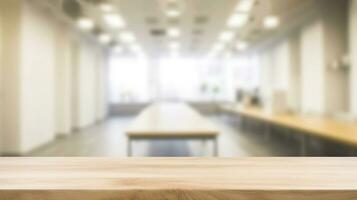 Wood Table Top with Blurred Bokeh Office Interior Space Background. created with Generative AIe photo