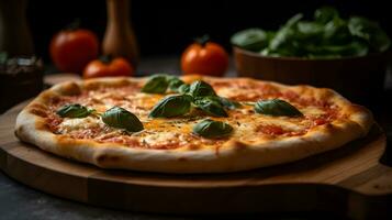 auténtico margherita Pizza con Fresco queso Mozzarella y albahaca en de madera tablero. generativo ai foto