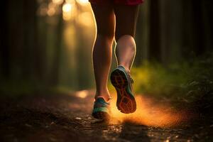 Mañana sendero correr de cerca de hembra del corredor piernas y Zapatos con resumen bokeh luz creada. generativo ai foto