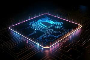 Generative AI. Futuristic Neon Microchip Circuit Board 3D Rendering photo