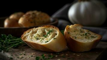 Freshly Baked Homemade Garlic Bread with a Mouthwatering Fragrance, Generative AI photo