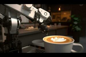 Robot arm serving hot coffee in a coffee shop. created with Generative AI photo