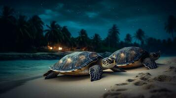 Noche caminar con mar Tortuga y Coco árbol en el playa. creado con generativo ai foto