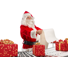 3d Rendern Santa claus Überprüfung auf aufführen Weihnachten Geschenk Kisten und eingewickelt auf Förderer Walze png