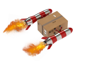 Fast delivery of a package by fast turbo rocket. 3d rendering png