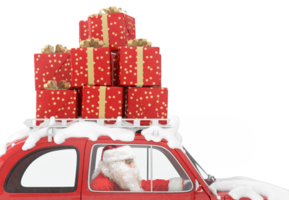 santa claus drives a red car full of christmas presentation png