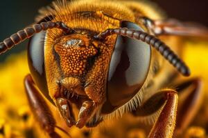 un ocupado abeja recoge néctar desde un vibrante girasol en un soleado día, exhibiendo el salvaje y fascinante vida de insectos generativo ai foto