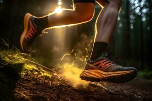 Mañana sendero correr de cerca de masculino del corredor piernas y Zapatos con resumen bokeh luz creada. generativo ai foto