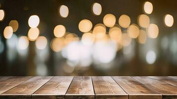 Empty Wooden Table Top with Bokeh Lights on Blurred Restaurant Background. created with Generative AI photo