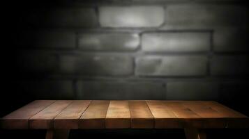 Dark Room Atmosphere - Empty Old Wood Table with Blurred Concrete Block Wall Background. created with Generative AI photo