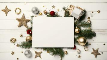 Navidad decoración y blanco tarjeta en blanco de madera mesa - espacio para texto. creado con generativo ai foto