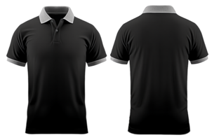 Preto pólo camiseta brincar Projeto com cinzento colarinho, frente e costas visualizar. isolado em transparente fundo. generativo ai png