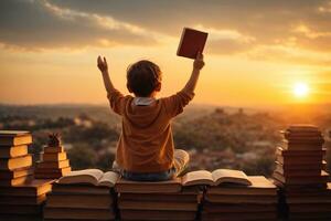 View from behind of cute child on stack of books at sunset Education and reading concept Imagination development, AI Generative photo