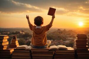 View from behind of cute child on stack of books at sunset Education and reading concept Imagination development, AI Generative photo