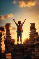 View from behind of cute child on stack of books at sunset Education and reading concept Imagination development, AI Generative photo