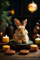 Cute rabbit sitting with round mooncake table with tea cups on wooden background and full moon, Mid-Autumn Festival concept. AI Generative photo