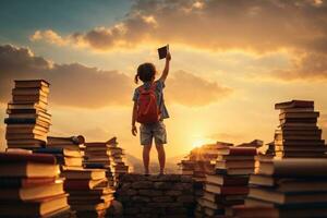 ver desde detrás de linda niño en apilar de libros a puesta de sol educación y leyendo concepto imaginación desarrollo, ai generativo foto