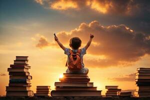 View from behind of cute child on stack of books at sunset Education and reading concept Imagination development, AI Generative photo