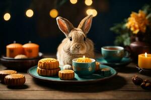 Cute rabbit sitting with round mooncake table with tea cups on wooden background and full moon, Mid-Autumn Festival concept. AI Generative photo