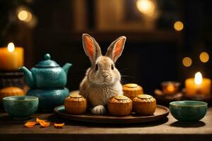 Cute rabbit sitting with round mooncake table with tea cups on wooden background and full moon, Mid-Autumn Festival concept. AI Generative photo