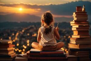 ver desde detrás de linda niño en apilar de libros a puesta de sol educación y leyendo concepto imaginación desarrollo, ai generativo foto