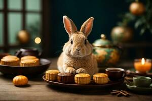 Cute rabbit sitting with round mooncake table with tea cups on wooden background and full moon, Mid-Autumn Festival concept. AI Generative photo