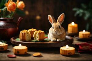 Cute rabbit sitting with round mooncake table with tea cups on wooden background and full moon, Mid-Autumn Festival concept. AI Generative photo