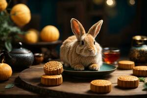 Cute rabbit sitting with round mooncake table with tea cups on wooden background and full moon, Mid-Autumn Festival concept. AI Generative photo