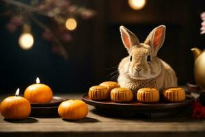 Cute rabbit sitting with round mooncake table with tea cups on wooden background and full moon, Mid-Autumn Festival concept. AI Generative photo