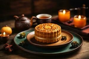 Mooncake on table with tea cups on wooden background and full moon, Mid-Autumn Festival concept. AI Generative photo