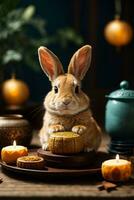 Cute rabbit sitting with round mooncake table with tea cups on wooden background and full moon, Mid-Autumn Festival concept. AI Generative photo