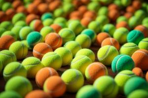 Tennis balls on the court. Close-up. Selective focus. AI Generative photo